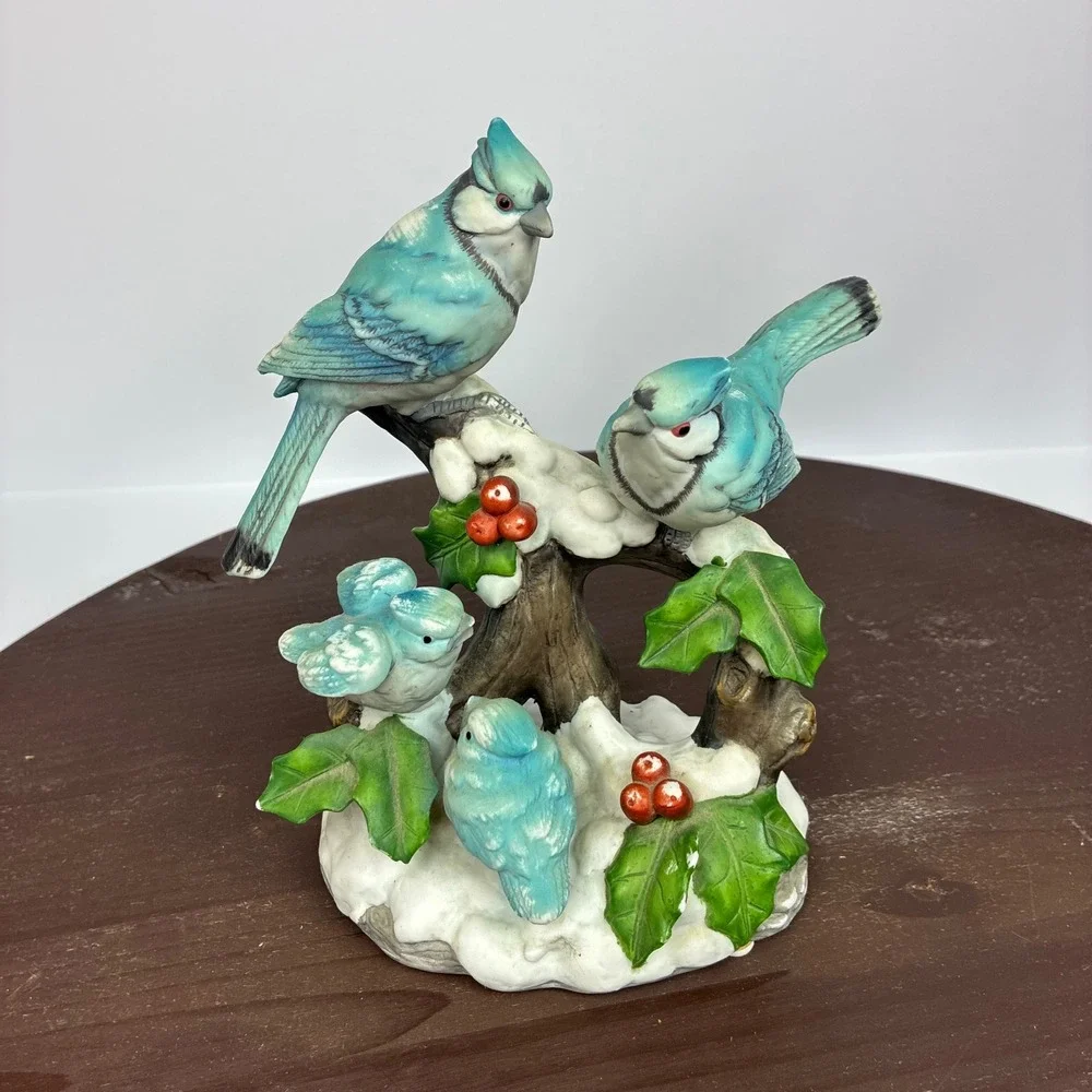 Vintage Wintertime Woodland BlueJays Figurine Porcelain Bird Family Snowy Branch